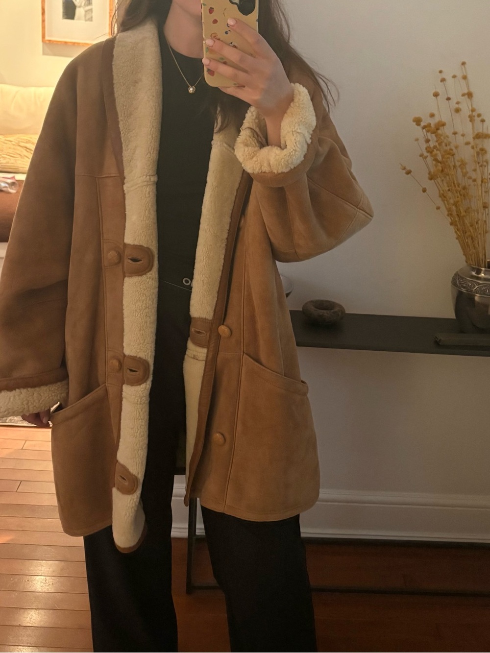 Danier Tan Suede Coat with Cream Shearling Trim